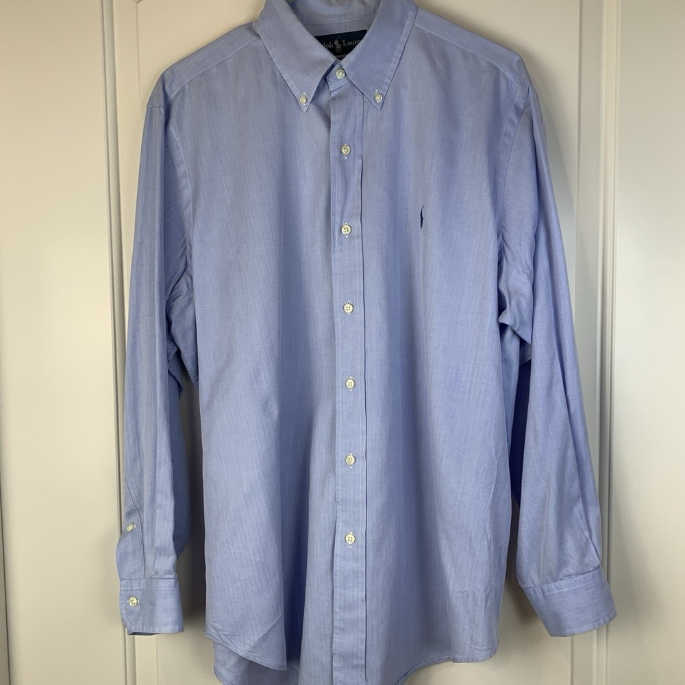 Polo Ralph Lauren Mens Blue Herringbone Button Down Shirt Classic Fit 16 32/33